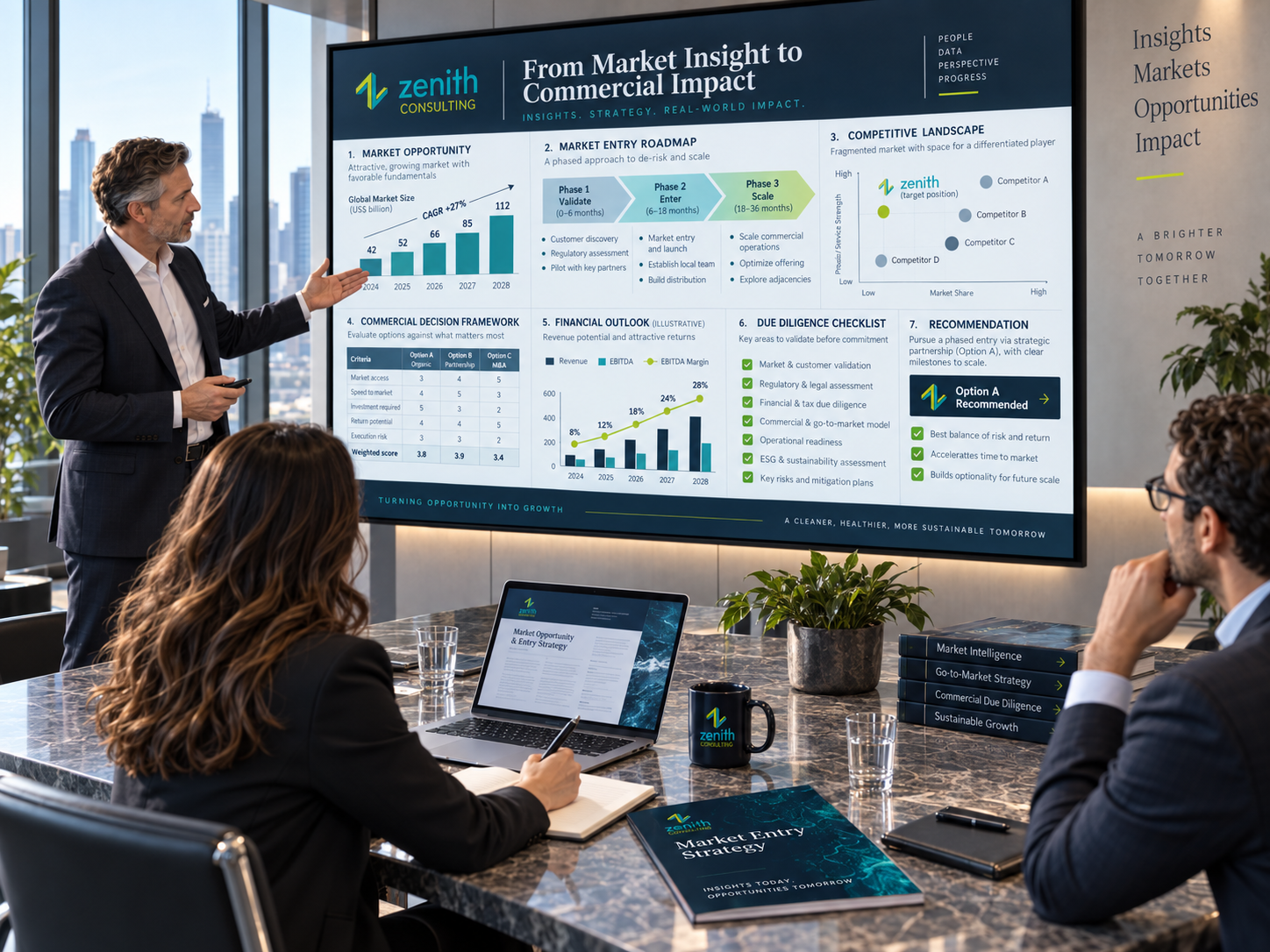 Consulting team presenting commercial strategy and market entry roadmap